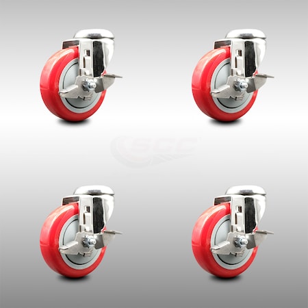 Service Caster 4 Inch 316SS Red Polyurethane Wheel Swivel Bolt Hole Caster Set with Brake SCC SCC-SS316BH20S414-PPUB-RED-TLB-4